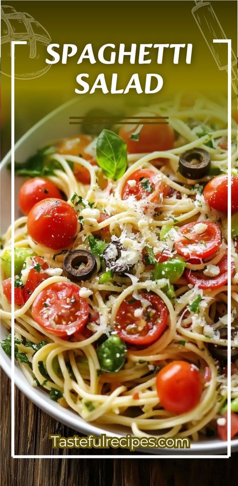 This vibrant Spaghetti Salad is a perfect dish for summer picnics, potlucks, or BBQs! It's a refreshing and satisfying cold pasta salad featuring tender spaghetti noodles, colorful vegetables, and a tangy dressing. Easy to prepare and full of flavor, this salad can be customized with your favorite add-ins like olives, cheese, or meats. A great side dish or light meal for any occasion! #SpaghettiSalad #PastaSalad #ColdPasta #SummerSalads #EasySalads #BBQSideDish #PicnicFood Protein Salads, Delicious Healthy Salads, Light Side Dishes, Spaghetti Salad, Protein Salad, Cold Pasta Salad, Side Dishes For Bbq, Grain Bowls, Cold Pasta