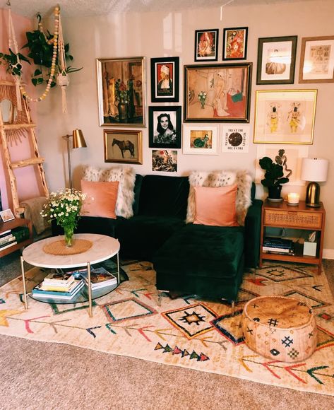 Check out this Bohemian, Eclectic, and Warm Small/Cool Space | Apartment Therapy Apartment Eclectic Decor, All Carpet Apartment Decor, Small Apartment Wall Color Ideas, Small Flat Aesthetic, Bohemian Apartment Aesthetic, Bedroom Decor College Apartment Inspiration, Apartment Decorating With Carpet, Apartment Carpet Decorating, Cute Apartment With Carpet