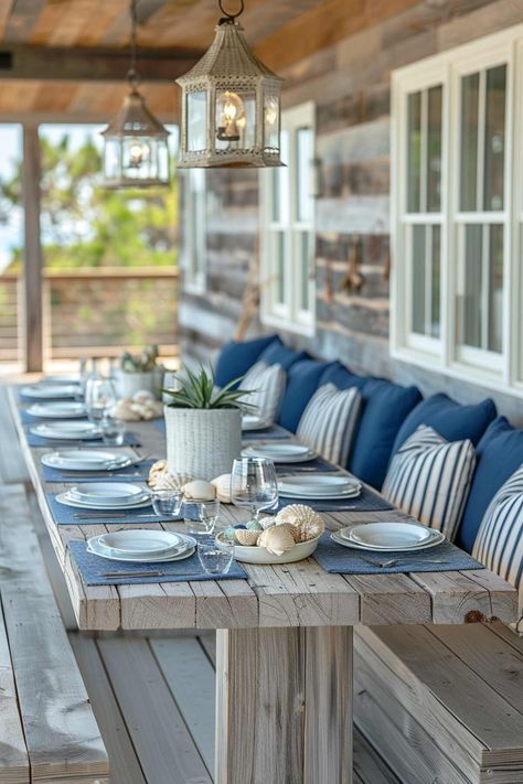 40 Outdoor Table Decor Ideas for Every Season 40 Outdoor Table Decor Ideas for Every Season Clever Decor, Coastal Table Decor, Table Scaping, Outdoor Hosting, Rustic Coastal Decor, Coastal Table, Outdoor Table Decor, Blue Placemats, Slow Lifestyle