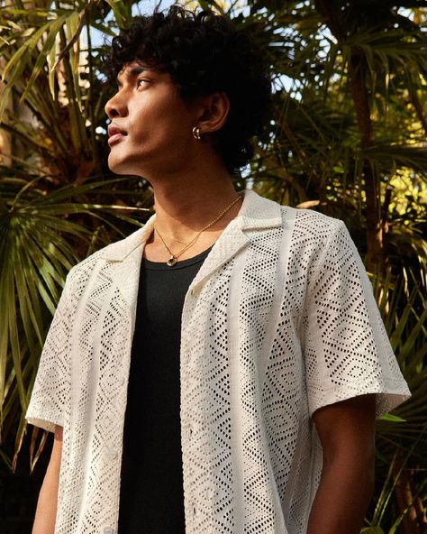 Mens Cuban Collar Shirt Outfit, Black Shirt Layered Outfit Men, Summer Layering Outfits For Men, Crochet Shirt Outfit Men, Crochet Shirts Men, Cuban Shirts For Men, Cuban Collar Shirt Men Outfit, White Shirt Layered Outfit, Cuban Shirt Outfit Men