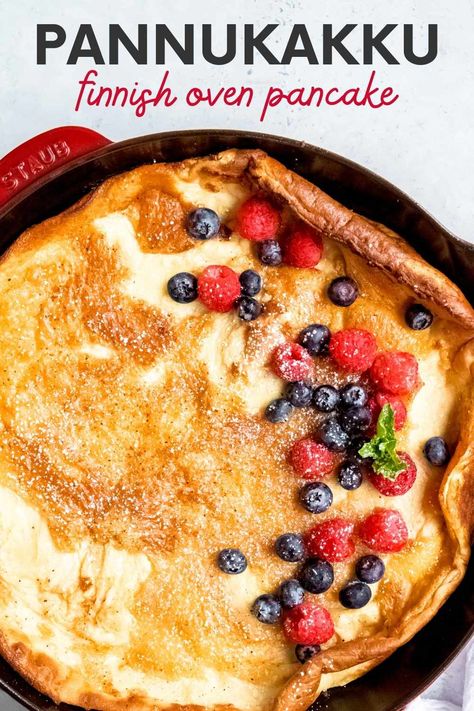 Pannukakku, also called a Finnish Oven Pancake, is a thick baked pancake with a custardy interior. If you love Dutch Babies, you'll love Pannukakku! Oven Pancake, Dutch Baby Pancake Recipe, Fun Pancakes, Dutch Babies, Oven Pancakes, Dutch Baby Recipe, Crepe Suzette, Baby Pancakes, Best Pancake Recipe