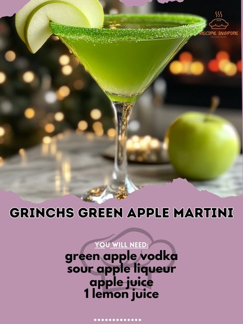 🍏🍸 Bring holiday cheer with the Grinch's Green Apple Martini! Refreshing and festive, perfect for any celebration. #GrinchMartini Grinch's Green Apple Martini Ingredients: - 2 oz green apple vodka - 1 oz sour apple liqueur - 1 oz apple juice - 1/2 oz lemon juice - Green sugar for rimming - Apple slice for garnish Instructions: 1. Rim a martini glass with green sugar. 2. In a shaker with ice, combine vodka, sour apple liqueur, apple juice, and lemon juice. 3. Shake well and strain into the ... Green Apple Liquor Drinks, Green Apple Alcohol Drinks, Green Apple Drinks Alcohol, Grasshopper Martini, Apple Drinks Alcohol, Smirnoff Ice Green Apple, Green Apple Cocktails, Green Apple Martini, Apple Juice Cocktail