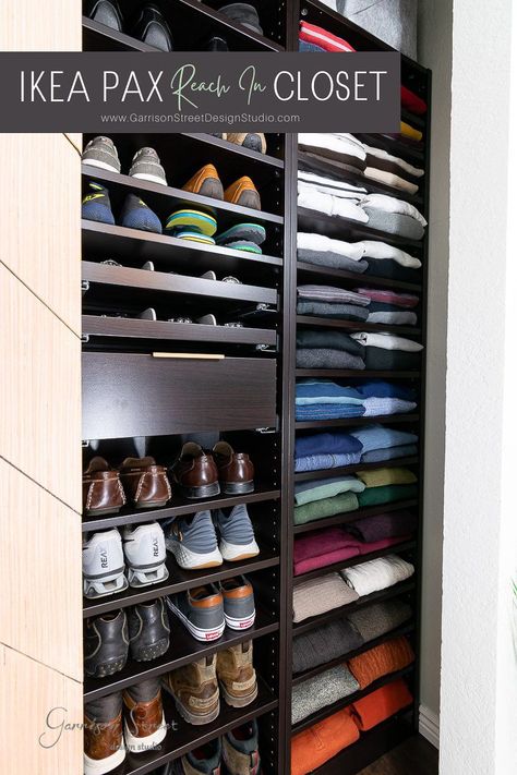 Reach In Closet Shoe Organization, Pax Shoe Storage Ikea Hacks, Ikea Pax Shoes, Ikea Pax Reach In Closet, Ikea Pax Shoe Storage, Pax Reach In Closet, Pax Shoe Storage, Pax Wardrobe Layout, Sliding Door Closet Organization Ideas