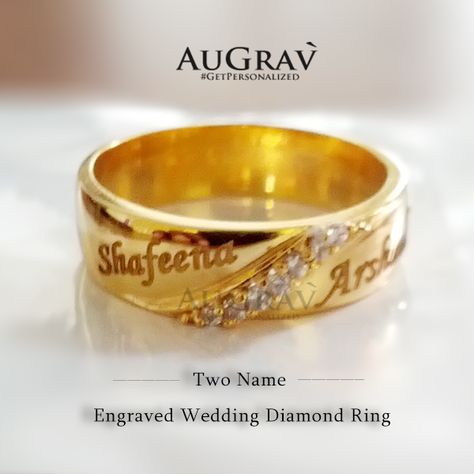 This couple gold ring with name is unique Indian style for wedding or engagement. Hold your loved one's name closer to your heart.   We know you are “Made for Each Other” and here we are helping you express the same.  This personalized name engraved ring works good for many occasions including engagement, first year anniversary or any other events involving both of you. Couple Name Rings Gold Unique, Gold Ring With Name Engraved, Couple Rings Gold Engagement Unique With Name, Engagement Rings Couple With Name, Gold Couple Rings Design Unique, Couple Ring Name Design, Couple Wedding Rings With Names, Couple Name Rings Gold, Couple Rings Gold Engagement Unique Indian