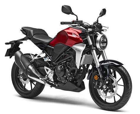 For 2019, Honda is finally making its Neo-Sports Café-inspired CB300R available in the good ole’ USA. The bike’s styling drafts off the new CB1000R, with its round headlight, stepped seat and radiator guards. The engine is the brand’s proven 286cc single found in the outgoing CB300F, which this bike replaces. It features a new frame and swingarm design as well as a 41mm inverted front fork, 17-inch aluminum wheels, and optional ABS. Honda Cb300r, Honda Cb1000r, Honda Scooters, Honda Scrambler, Cb 300, Motos Honda, Motorcycles And Scooter, Mens Toys, Honda S