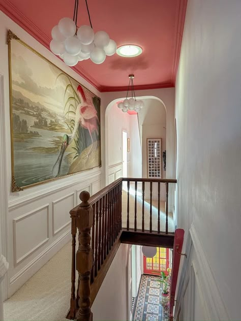 Board And Batten Hallway, Colorful Ceiling, Pink Hallway, Scandinavian Houses, White Hallway, Center Hall Colonial, Attic Room, House Loft, Traditional Houses