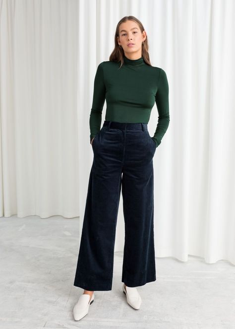 High Waist Wide Corduroy #trousers - Blue - Wide Trousers - & Other Stories Green Pant Outfit, Ootd Corduroy, Wide Leg Trousers Outfit, Camila Morrone, Cord Trousers, Trouser Outfit, Corduroy Trousers, Wide Trousers, Pantalon Large