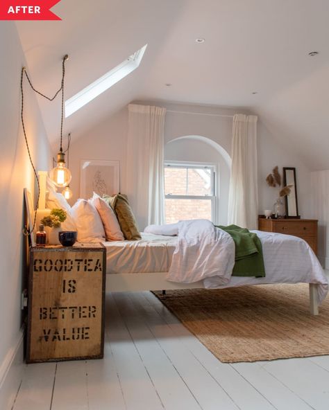 White Wall Bedroom, Chest Bedside Table, Tongue And Groove Panelling, Airy Room, Extra Bedroom, Attic Renovation, Attic Spaces, Bedroom Renovation, Attic Bedroom