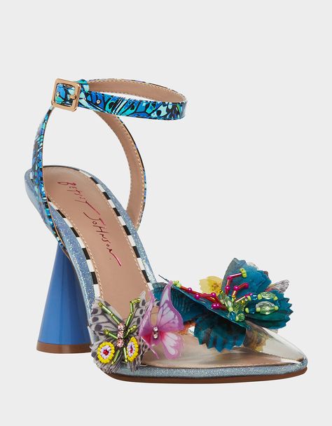 Funky Heels, Butterfly Heels, Shoe Makeover, Butterfly Applique, Butterfly Embellishment, Fun Heels, Floral Heels, Betsey Johnson Shoes, Blue Pumps