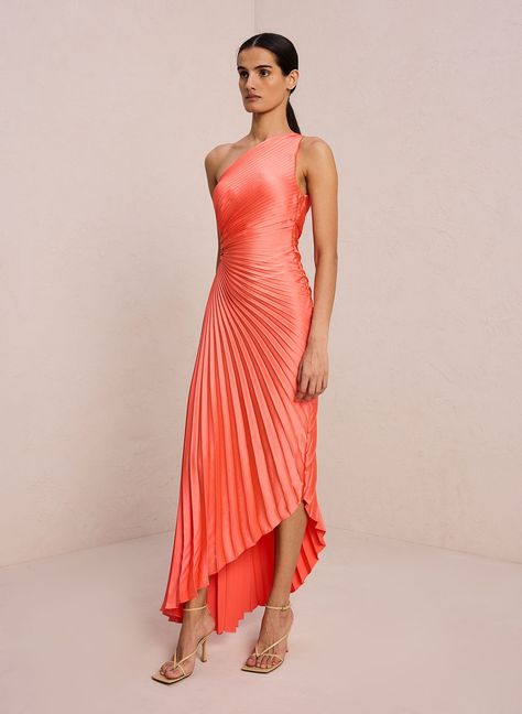 The Delfina Dress is asymmetrically draped and pleated for a fluid effect in a vivid coral hue. This one-shoulder silhouette features a confident side cutout and high-low hem. This style runs true to size. Shop Dresses Styling Tip: Pair with strappy sandals and delicate jewelry to keep the dress in focus. Pleated Dress Outfit, Delfina Dress, Pleated Satin Dress, Church Fits, One Shoulder Maxi Dress, Radiate Confidence, Hoco Dress, Wedding Groomsmen, Date Nights