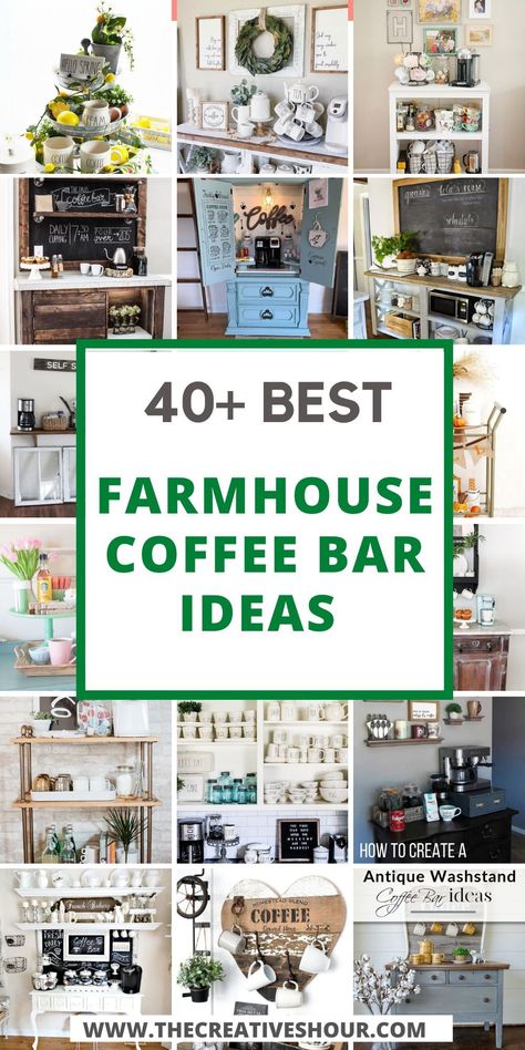 Rustic and country styles seem to be very popular in different home decor currently and farmhouse style coffee bars are no exception to this. You can easily DIY these coffee bar ideas below for your home to create a perfect spot for your daily coffee needs. Click here for more amazing farmhouse coffee bar ideas, farmhouse coffee bar kitchen ideas, farmhouse coffee bar decor, farmhouse coffee bar storage cabinets ideas, farmhouse coffee bar wall shelves ideas, farmhouse coffee bar carts. Country Coffee Bar Ideas, Coffee Bar Farmhouse Style, Bakers Rack Coffee Bar Ideas Farmhouse, Coffee Bar Ideas Buffet Table, Farmhouse Coffee Station Ideas, Country Coffee Bar, Coffee Bar Wall Shelves, Coffee Bar Accessories Decorating Ideas, Coffee Closet Ideas