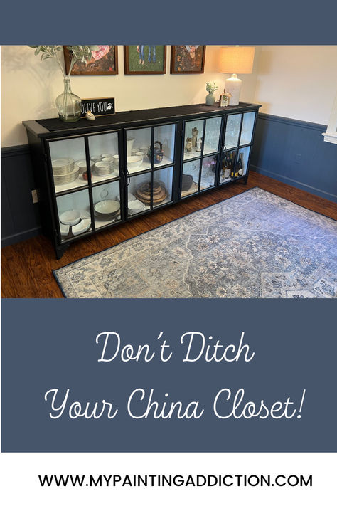 A lot of people these days are getting rid of their china closets. I get it! Fine china is becoming less popular to own. It is expensive and used only a few times a year. I’ll be honest though, to me, a china closet means more storage. And in a “normal” sized home, storage is at a premium! A china closet can still be useful! Click to read this post and to get more painting and decorating ideas for the modest home. #chinacloset #kitchen #howto #modesthome #normalhome #homedecor #decor #behr Short China Cabinet, How To Store China Dishes, China Cabinet Alternative, Small China Cabinet, Iron Sideboard, Modest Home, China Closet, Painting And Decorating, China Storage