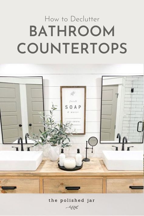 Organize and declutter your bathroom vanity and countertops. Follow these quick and easy tips for clutter-free bathroom countertops. 4 helpful products that will help you declutter your bathroom countertops and achieve a clean organized bathroom. Visit for more home organization tips. The Polished Jar creates The perfect soap dispenser design with the perfect custom label. Refillable soap pump bottles, shampoo bottles. Kitchen, bathroom, vanity & countertop decor. IG @thecozyfarmhouse Declutter Bathroom, Organize Bathroom, Bathroom Counter Decor Ideas, Bathroom Vanity Organization, Bathroom Counter Decor, Bathroom Vanity Decor, Bathroom Sink Decor, Sink Decor, Countertop Decor