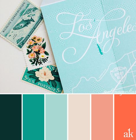 a map-inspired color palette // dark forest green, teal, light aqua, bone, poppy Los Angeles Color Palette, Teal Color Palette, Modern Brands, Coral Aqua, Teal Light, Magnolia Stamps, Bedroom Color, Light Aqua, Illustrated Map