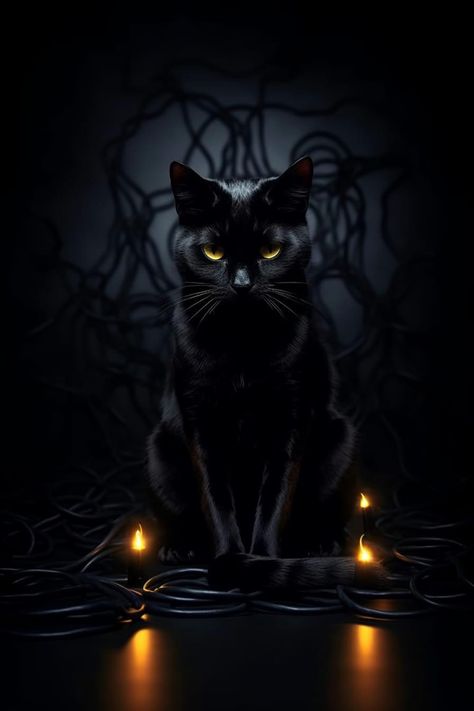 Halloween Wallpaper Black Cat, Dark Cat Aesthetic, Black Cat Halloween Wallpaper, Halloween Black Cat, Black Cat Fall Wallpaper, Halloween Cat Phone Wallpaper, Spooky Black Cat Wallpaper, Black Cat Fantasy Art, Black Cat Aesthetic