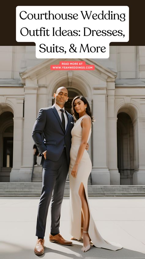 Stunning wedding couple in stylish courthouse wedding outfits, including an elegant dress and a sharp suit, posing outside a courthouse. Courthouse Wedding Dress Fall, Courthouse Wedding Groom Outfit, Courthouse Bridal Outfit, Justice Of The Peace Wedding Outfit, Fall Courthouse Wedding, Simple Court Wedding Dress, Courthouse Wedding Guest Outfit, Courthouse Wedding Attire, Court Wedding Outfit The Bride