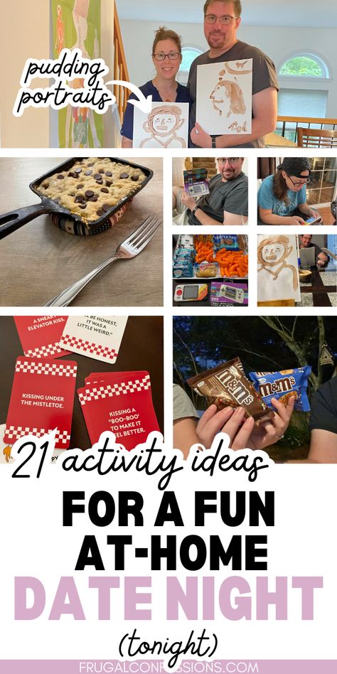 Fun activity ideas for at home date night - tired of the same ol' netflix and dinner for at-home date nights? These are unique and creative and FUN at home date night activities to do with your husband, wife, boyfriend, etc. Build A Fort Date Night, Diy Couples Activities, Date Night In Ideas At Home Food, Fun Stay At Home Date Ideas, Date Game Night, Things To Do With Partner At Home, Diy Dates Ideas Boyfriends, Food For Date Night At Home, Funny Date Night Ideas