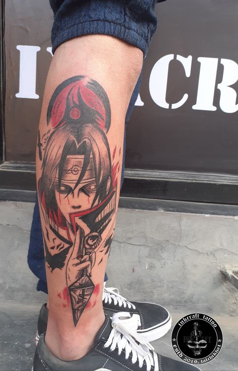 Itachi Leg Tattoo, Naruto Leg Tattoo, Anime Leg Tattoo, Itachi Tattoos, Nepal Tattoo, Itachi Tattoo, Tato Naruto, Naruto Tattoos, Ninja Tattoo