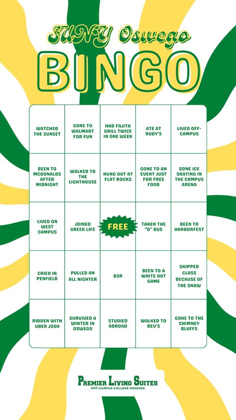 Bingo Graphic Design, Sorority Bingo Board, Bingo Board Template, Suny Oswego, Bingo Design, Camping Bingo, Bingo Books, Road Trip Bingo, Bingo Card Template