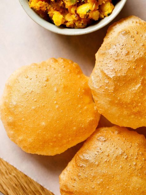 Poori Recipe | Puri Recipe (Crisp, Soft & Fluffy) » Dassana's Veg Recipes Indian Fried Bread, Hot Water Cornbread Recipe, Poori Recipe, Arepas Recipe, Unleavened Bread, Fried Bread, Puri Recipes, Indian Bread, Fry Bread