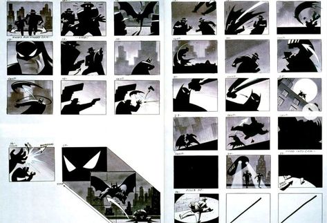 FOR MY STUDENTS: Storyboards for the opening title sequence to BATMAN: THE ANIMATED SERIES. Note the diagonal pan on the lower left. Look how the Batman's silhouette bends around the punches on the right side. Strong shapes, compositions and values. It's all there. Batman Silhouette, Animation News, Brave And The Bold, Teen Fun, Batman The Animated Series, Title Sequence, Batman Beyond, Young Justice, Animation Series