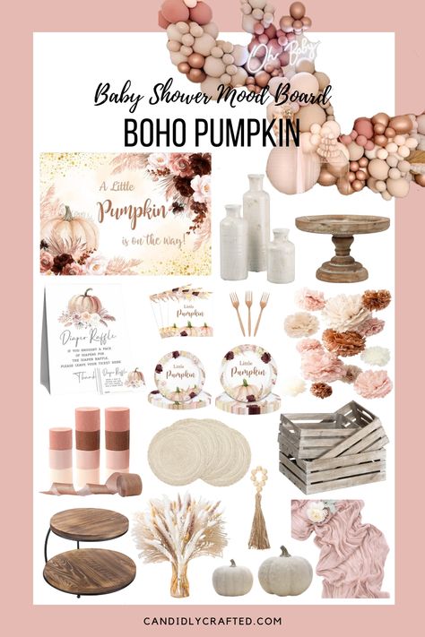 Mood board showing decoration ideas for a Boho Pumpkin themed baby shower. Baby Girl Fall Shower Ideas, Baby Shower Ideas Fall Girl, Fall Baby Shower Decorations Girl, Pink Little Pumpkin Baby Shower Ideas, Baby Shower Girl Theme Fall, October Baby Shower Ideas For A Girl, Girl Pumpkin Baby Shower Theme, Boho Fall Baby Shower Ideas Girl, Lil Pumpkin Baby Shower Ideas Girl