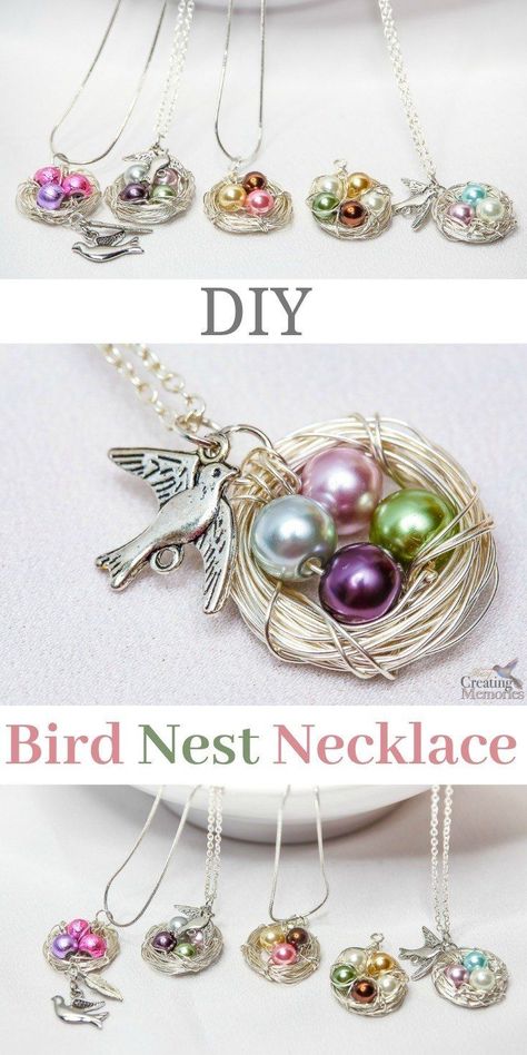 Use our simple step by step tutorial shows you how to make a beautiful handmade DIY birds nest necklace that looks absolutely stunning. This simple jewelry making project is simple for beginners and only takes about 30 minutes. It also makes for a great gift for Moms on Mother's Day, grandmother, a daughter, a dear friend, girlfriend or just yourself!  It is Easy to customize with birthstones and charms! Each one is unique! A simple gift idea they'll just love! via /2creatememories/ Diy Birds Nest, Diy Bird Nest, Bird Nest Necklace, Birds Nest Necklace, Anting Manik, Bijoux Fil Aluminium, Diy Birds, Jewerly Making, Birds Nest