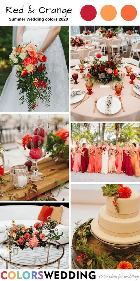 Red And Peach Wedding Theme, Orange Red Wedding Theme, Red Summer Wedding Color Schemes, Orange And Red Wedding Theme, Red Orange Wedding Theme, Red And Orange Wedding Theme, Red And Greenery Wedding, Red Wedding Color Schemes, Red And Peach Wedding