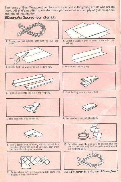 Gum wrapping Tutorial. This how-to is from a vintage booklet called Gum Wrapper Sculpture. Magazine Projects, Candy Wrapper Purse, Gum Wrapper, Prison Art, Dream Jobs, Folding Origami, Candy Wrapper, Magazine Crafts, Paper Chains