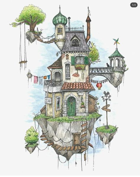 Tree House Tattoo Design, Floating House Drawing, Magical House Drawing, Fantasy Houses Art Drawings, Fairytale House Drawing, Fineliner Art Colour, House In The Woods Drawing, Minecraft Watercolor, Fantasy House Drawing