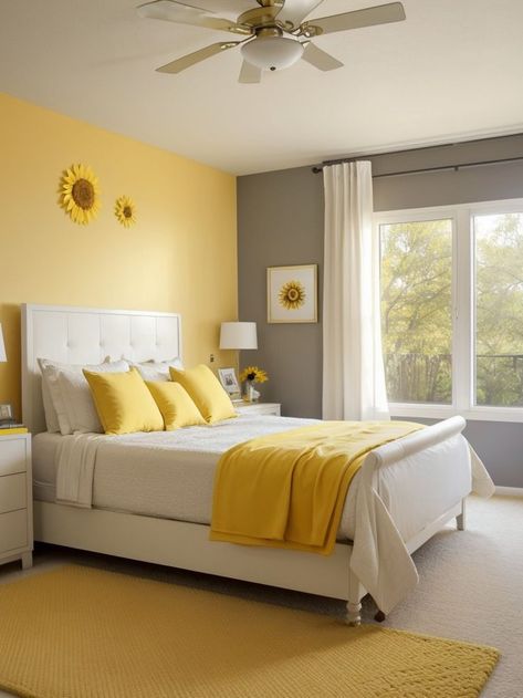 Room Paint Colors Bedroom, Gray Bed Frame, Yellow Accent Walls, Gray Bed, Yellow Bedroom Decor, Room Color Combination, Indian Bedroom Decor, Grey Bed Frame, Built In Shelves Living Room