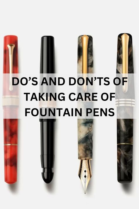 Taking care of fountain pens requires attention to detail. Do regularly clean the pen with water and mild detergent, and flush the ink to prevent clogs. Do cap the pen when not in use to prevent drying. Don't use excessive pressure; let the nib do the work. Don't lend your fountain pen to others, as it can affect the nib's alignment. Fountain Pens Aesthetic, Best Pens For Writing, Resin Fountain, Fountain Pens Writing, Fountain Pen Drawing, Best Fountain Pen, Pens Writing, Book Diy, Stencils Printables