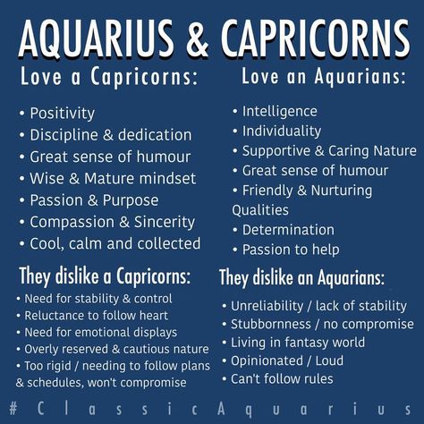 #Aquarius & #Capricorn relationship. Listed above are the things that both signs have in common and the potential issues that may cause problems. (Please note that each other's Moon signs should be taken into consideration to get the bigger picture) #ClassicAquarius #Aquarius Capricorn And Aquarius Compatibility, Aquarius And Capricorn, Aquarius Relationship, Capricorn Relationships, Capricorn Aquarius Cusp, Aquarius Compatibility, Capricorn Compatibility, Aquarius Sun, Capricorn Sun