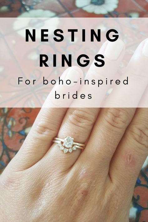 The best nesting engagement rings for bohemian brides. Boho styles for your perfect wedding. Nesting Wedding Rings, Nested Wedding Rings, Wedding Ring Set Boho, Boho Wngagement Rings, Bohemian Wedding Ring Set, Engagement Rings Boho Hippie, White Gold Unique Engagement Rings, Nesting Rings Wedding Bands, Nesting Engagement Ring