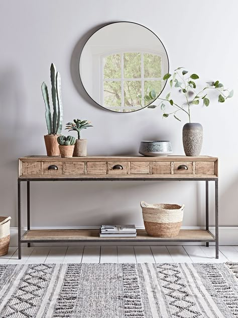 Console Table Luxury Modern, Console Table Luxury, Meja Industrial, Black Mirrors, Iron Console Table, Tafel Decor, Oak Console Table, Console Table Decorating, Hallway Console