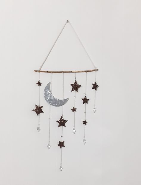 Moon And Star Hanging Decor, Moon Wall Hanging Diy, Diy Moon And Stars Decorations, Moon And Stars Bedroom, Moon And Stars Decor, Goth Xmas, Moon Room, Montessori Work, Moon Window