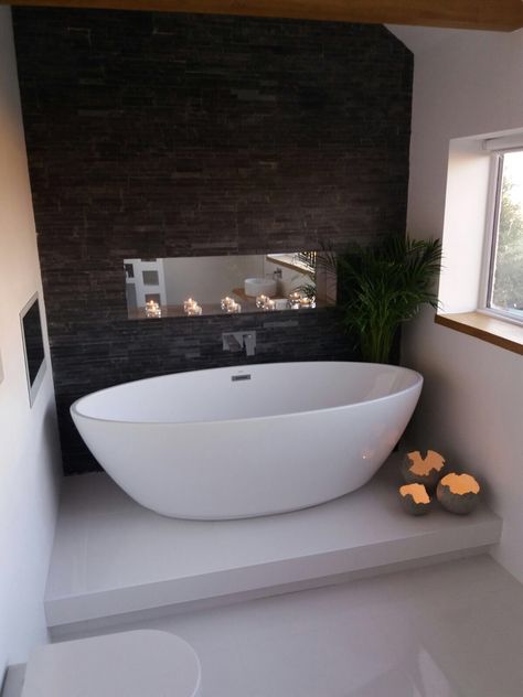 Freestanding Tub On Raised Platform, Freestanding Bathtub On Platform, Bath On A Platform, Bath On Platform, Free Standing Bathroom Ideas, Freestanding Tub Bathroom Ideas, Free Standing Bath In Bedroom, Small Bathroom Ideas Free Standing Bath, Freestanding Bath Small Bathroom