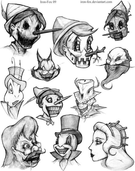 Horror Disney Drawings, Creepy Disney Drawings, Pinocchio Tattoo, Dark Disney Art, Scary Drawings, Creepy Drawings, Desenho Tattoo, Dark Art Drawings, Halloween Drawings