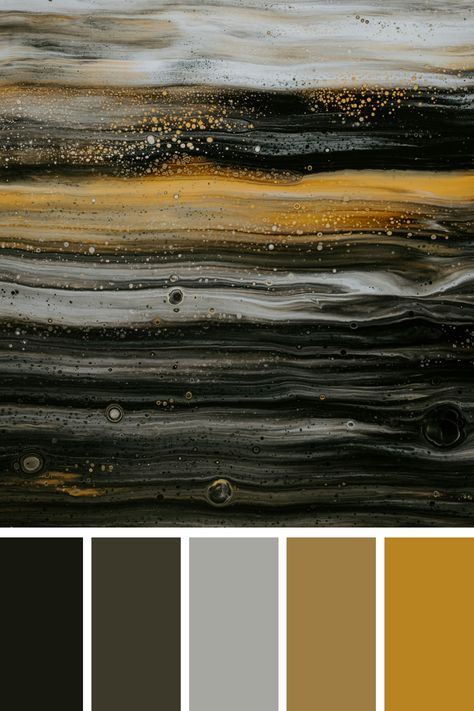 Abstract Earth Tone Color Palette: A mesmerizing blend of golden yellow, black, and gray hues in a fluid abstract design, perfect for a sophisticated and earthy aesthetic. Earthy Gold Color Palette, Gold And Black Color Scheme, Black Gold Silver Color Palette, Black Gold Pallete Color, Black Gold Colour Palette, Black And Yellow Color Palette, Golden Hues Aesthetic, Earthy Golden Color Palette, Black And Gold Color Palette