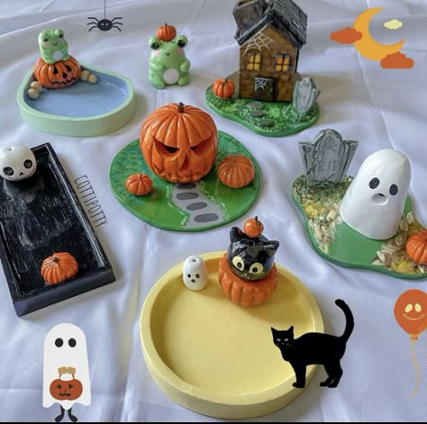 Fall Clay Art Projects, Halloween Clay Craft, Diy Fall Clay Crafts, Halloween Air Clay Crafts, Halloween Airdryclay Ideas, Cottagecore Clay Crafts, Fall Air Dry Clay Ideas, Cute Fall Clay Ideas, Diy Halloween Decorations Air Dry Clay