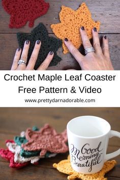 Maple Leaf Coaster Crochet, Free Maple Leaf Crochet Pattern, Crocheted Leaf Coasters, Free Fall Crochet Coaster Patterns, Fall Crochet Coasters Free Pattern, Monstera Coaster Crochet Pattern, Crochet Fall Coasters Free Pattern, Fall Crochet Coasters, Fall Coasters Crochet