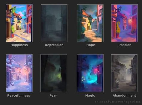 The same scene drawn in different moods Drawing Refrences, Emotional Painting, Color Script, Art Things, Sketchbook Art, Arte Inspo, Digital Painting Tutorials, Color Studies, Feelings And Emotions