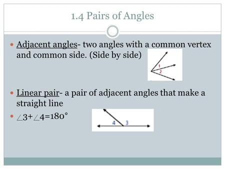 1.4 Pairs of Angles Adjacent angles- two angles with a common vertex and common side. (Side by side) Linear pair- a pair of adjacent angles that make a. Geometry Project, Adjacent Angles, Geometry Projects, Angle Relationships, Vertical Angles, Math Methods, Study Notes, Side By Side, Geometry