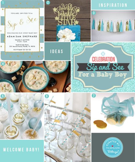 Styling Ideas for a Baby Boy Sip & See Party from Food to Favors Sip N See Party Ideas Boy, Sip And See Party Ideas Boy, Sip And See Party Ideas, Baby Boy Sip And See, Blessing Party, Sip And See Party, Sip N See, Mother Blessing, Baby Brunch