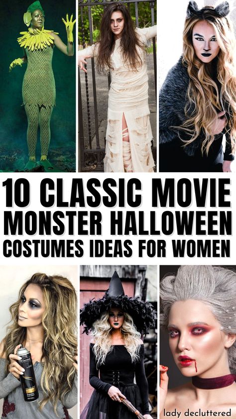 10 Classic Movie Monster Halloween Costume Ideas for Women Monster Ball Costume Ideas, Classic Monsters Halloween Costumes, Movie Monster Costumes, Monster Halloween Costumes Women, Monsters Halloween Costume, Costumes With Cool Makeup, Classic Monsters Costumes, Women’s Scary Halloween Costume Ideas, Steampunk Skeleton Costume