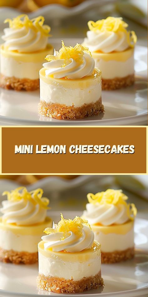 Mini lemon cheesecakes are delightful bite-sized desserts that combine the creamy richness of traditional cheesecake with a refreshing citrus zing. Perfect for parties or a sweet treat at home, these easy-to-make cheesecakes are versatile and customizable with your favorite toppings. Mini Lemon Cheesecake Bites, Citrus Cheesecake Recipes, Mini Cheesecake Decorating Ideas, Mini Lemon Cheesecake, Lemon Cheesecake Bites, Easy Mini Cheesecake Recipe, Lemon Cheesecakes, Lemon Cheesecake Recipe, Traditional Cheesecake