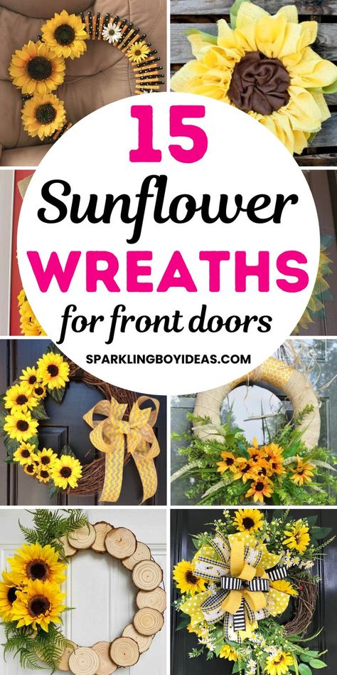 Add a touch of sunshine to your front door with these stunning sunflower wreaths! Made with realistic-looking sunflowers and green leaves, these summer wreaths will bring the beauty of nature to your home. Perfect for spring and summer decor, these DIY sunflower wreaths will make a beautiful addition to your front porch. Whether you're looking for rustic farmhouse decor or a pop of color, these sunflower wreath ideas are a must-have for your home. Sunflower Wreaths For Front Door, August Wreath, Spring Wreaths For Front Door Diy, Front Door Wreaths Diy, Sunflower Wreath Diy, Diy Sunflower, Sunflower Crafts, Burlap Wreath Diy, Summer Sunflower