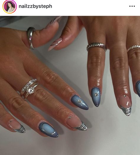 Isolated Chrome Nails, Chrome Nails Blue, Blue Nail Design, Nail Theory, Rave Nails, Blue Chrome Nails, Chrome Nails Designs, Simple Acrylic Nails, Blush Nails