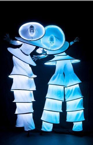 Glowing Dress, Led Robot, Stilt Costume, Light Up Costumes, Neon White, Theatre Costumes, Creative Event, Arte Inspo, Futuristic Fashion