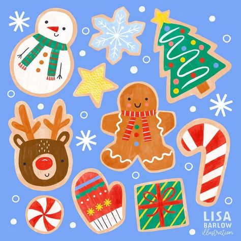 Gingerbread Illustration Christmas, Christmas Cookie Illustration, Christmas Cookies Drawing, Kinsey Core, Cookie Party Ideas, Christmas Post Ideas, Christmas Collage Art, Christmas Cookies Illustration, Winter Illustration Art